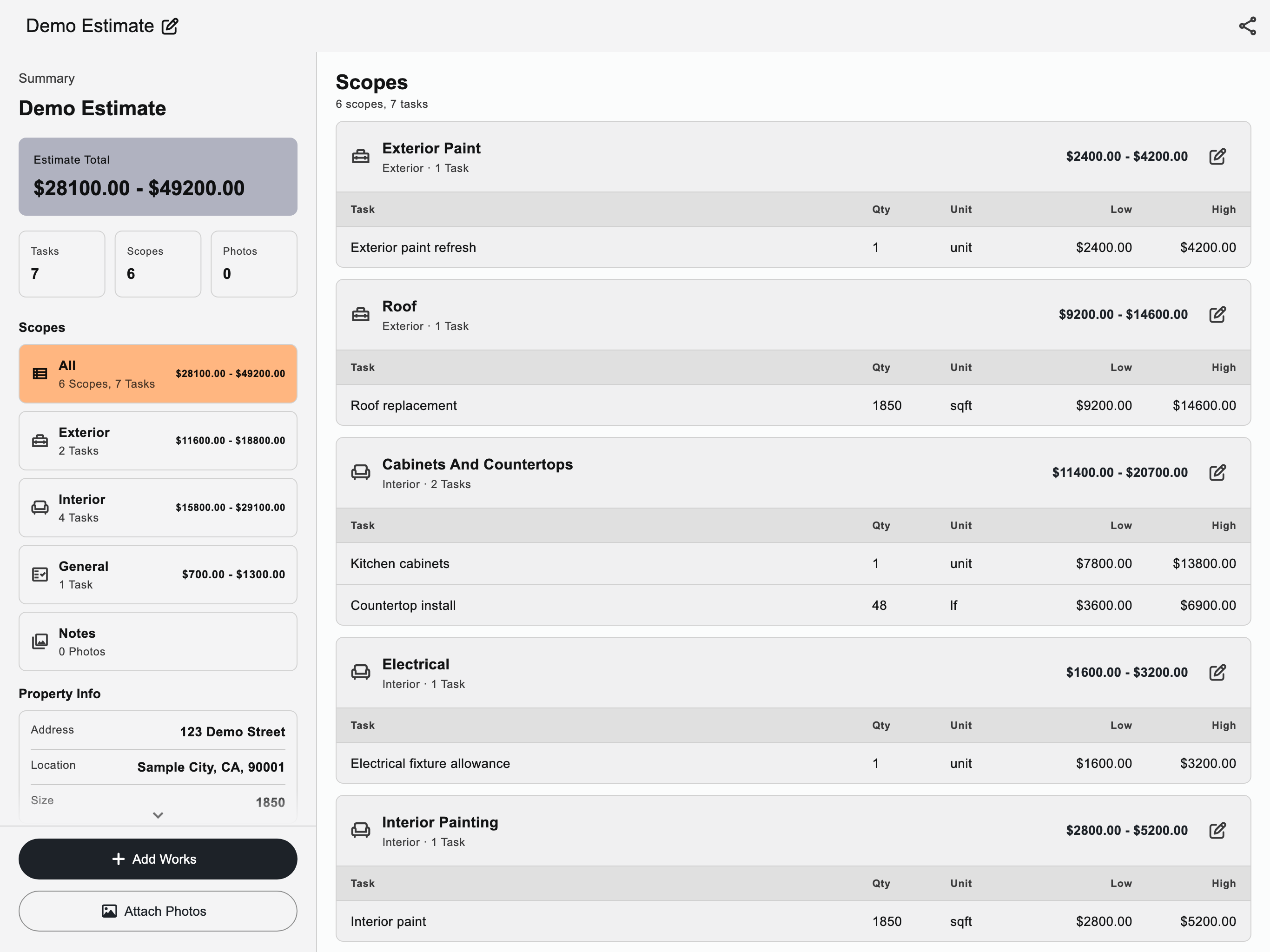 Rehab Estimator iPad report builder with scope items, photos, and estimate totals