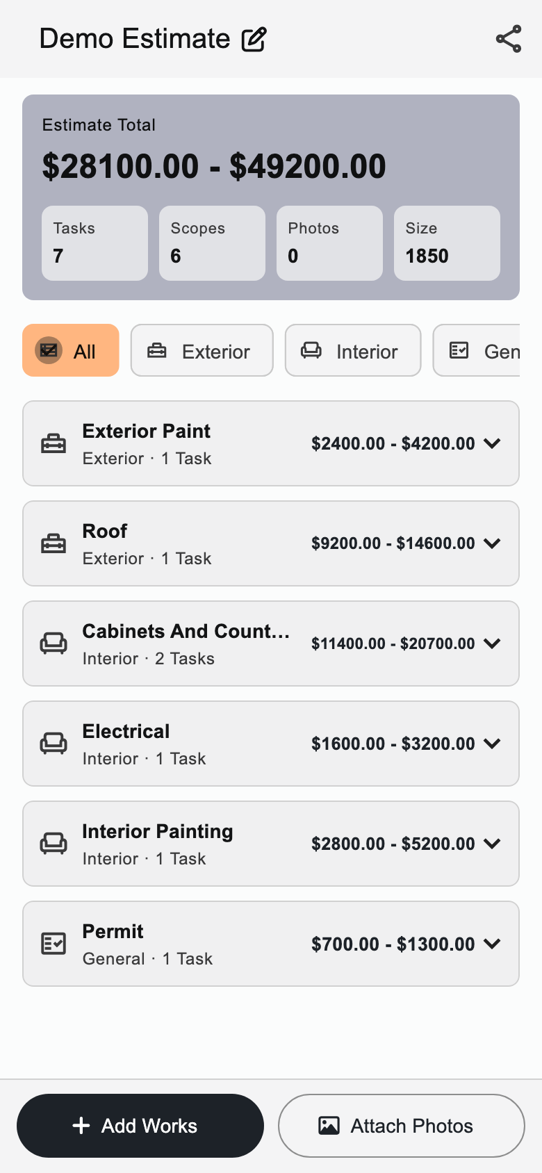 Rehab Estimator mobile report overview with estimate total and repair tasks